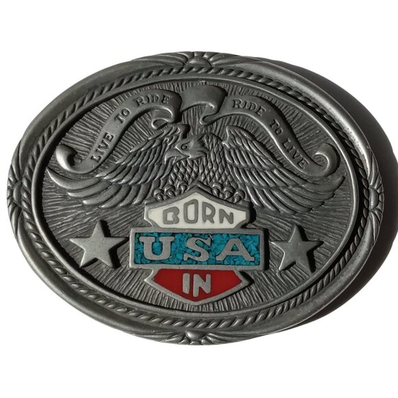 1986 Live to Ride, Ride to Live, Born in USA Vintage Belt Buckle, Turquoise - Picture 2 of 7